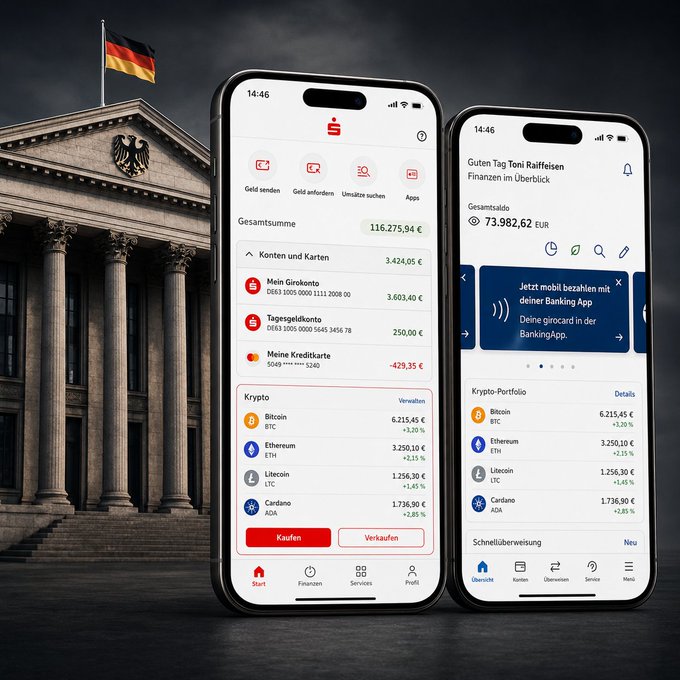 Two smartphones display the Sparkasse banking app against a backdrop of a German government building with a German flag, showing account balances in EUR (116,275.94 € and 73,982.62 €), crypto holdings including Bitcoin (BTC) at 6,215.45 € (+3.20%) and Ethereum (ETH) at 3,250.10 € (+2.15%), along with options to Kaufen/Verkaufen.