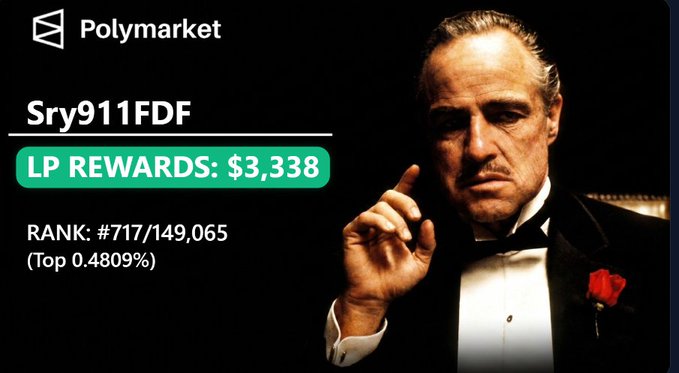 In this image, there's a poster featuring a man dressed as a famous actor, wearing a tuxedo and holding his hand up while making an index finger gesture. The background of the poster has text that reads "Sry911FDF LP rewards: $3,380". It appears to be promoting a new rewards program for people waiting for the upcoming @Polymarket Taker Rebate period, which might provide some basic Liquidity in the stock market. There is also another piece of text at the bottom stating that users can expect better deals than before and that they should find a great market when it arrives.