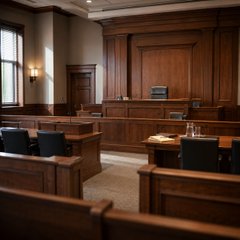 An empty wood-paneled federal courtroom with judge's bench, witness stand, and gallery benches sets a solemn stage where the alleged ringleader of a $245M Bitcoin theft scheme—posing as Google and Gemini support—is expected to plead guilty.