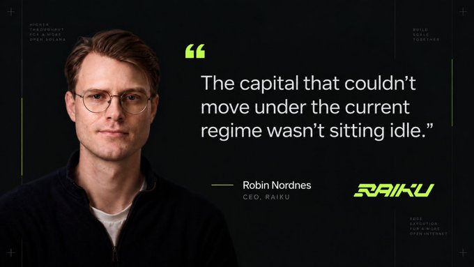 Robin Nordnes, CEO of Raiku, pictured alongside a quote stating, "The capital that couldn't move under the current regime wasn't sitting idle," highlighting how crypto growth has continued despite regulatory setbacks like the failed Clarity Act vote.
