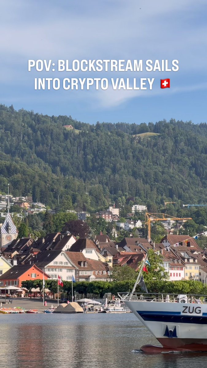 The image features a boat docked at a pier with a city skyline in the background. The caption of the image reads "Pov-Blockstream sails into Crypt Valley".