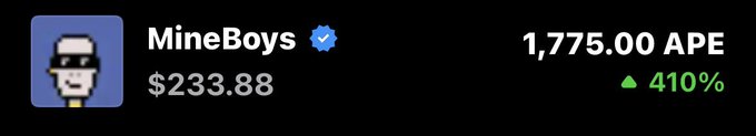 A crypto trading interface shows an NFT called "MineBoys" with a value of 1,775.00 APE ($233.88), marking a 410% gain, illustrating the post's claim of substantial APE profits.