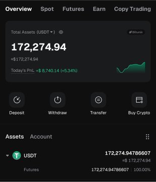 The image shows a crypto portfolio overview displaying a total balance of $172,274.94 USDT in a Futures account, with a daily profit of +$8,740.14 (+5.34%). This aligns with the post's goal of reaching $400K by August's end, showing the user's current holdings and recent gains as progress toward that target.