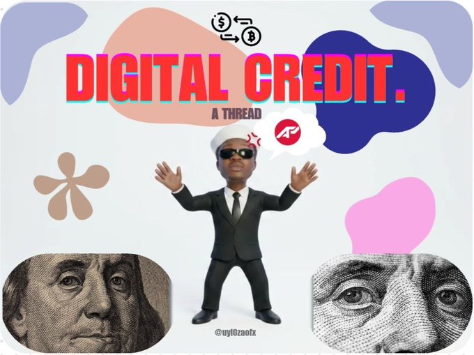 A graphic poster titled 'DIGITAL CREDIT.' in bold red text features a 3D-rendered character in a suit, flanked by cropped images of Benjamin Franklin from US currency and icons for dollar and bitcoin.