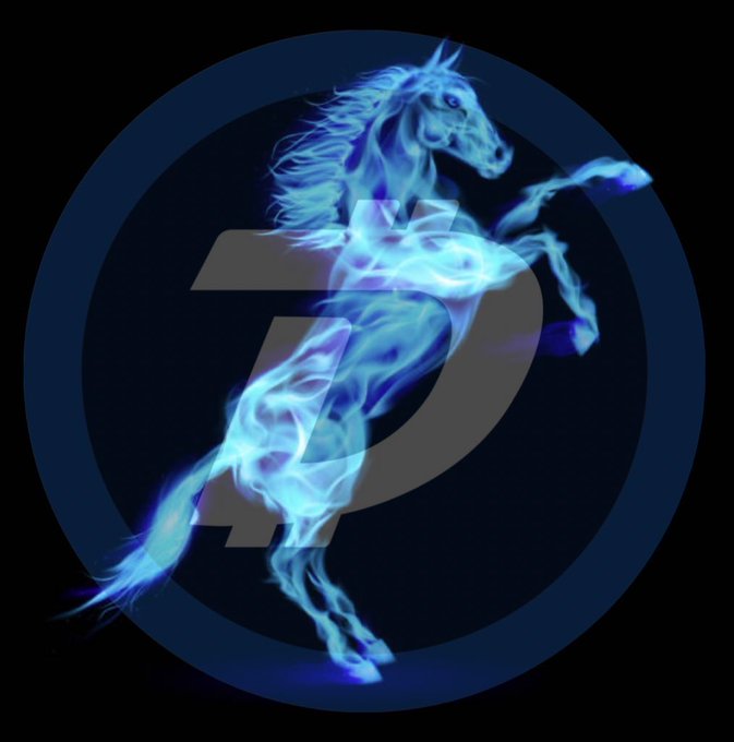 A glowing blue spectral horse rearing up against a black background, with a faded circular logo containing the letter 'D' behind it.