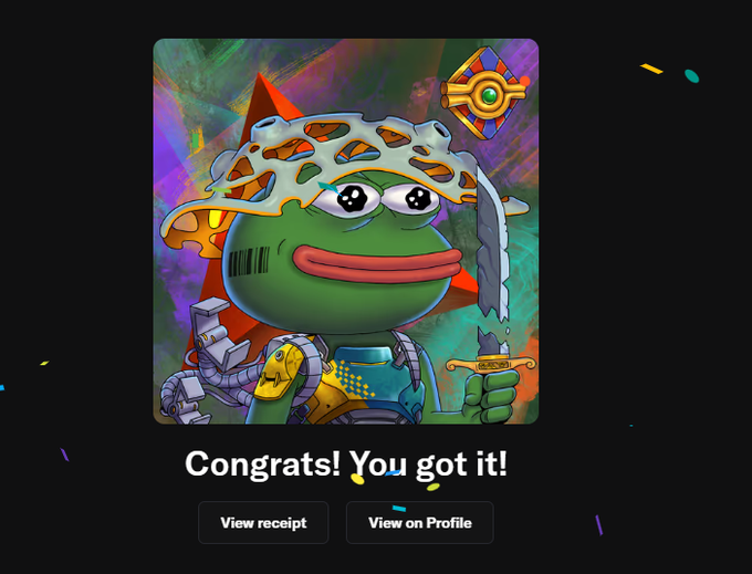 A digital collectible artwork featuring a green frog-like character with a helmet, with a confirmation message reading 'Congrats! You got it!' along with 'View receipt' and 'View on Profile' buttons.