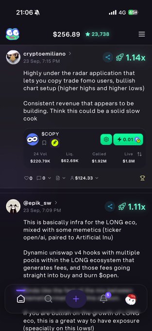 Screenshot of a crypto social app showing a portfolio value of $256.89 and posts about $COPY and LONG eco tokens.