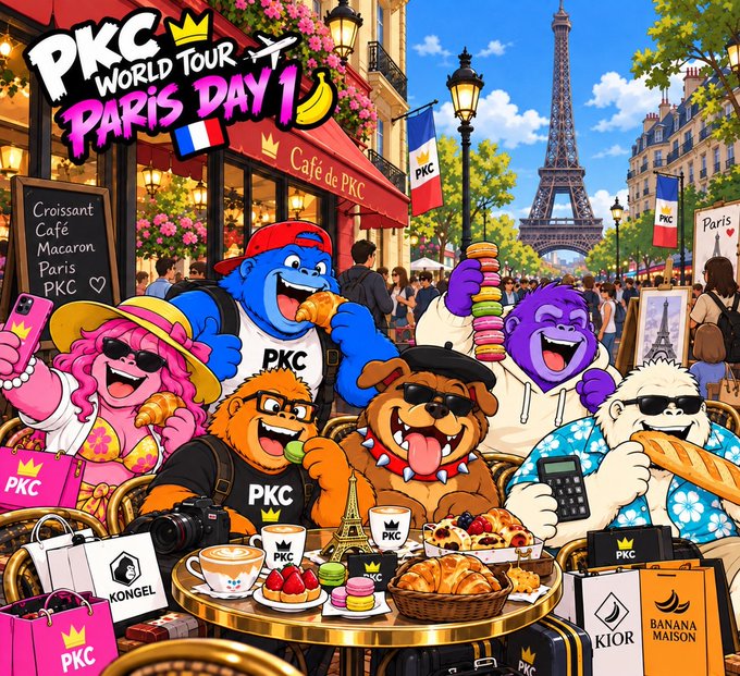 A colorful cartoon illustration titled 'PKC WORLD TOUR PARIS DAY 1' showing anthropomorphic characters enjoying pastries at a 'Café de PKC' with the Eiffel Tower in the background, with 'BANANA MAISON' visible on a shopping bag.
