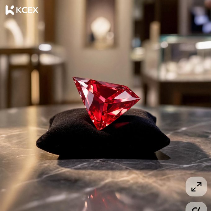 A vibrant red gemstone, possibly a ruby, displayed on a black cushion with a KCEX logo in the top-left corner.