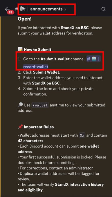 A Discord screenshot showing instructions in the #announcements channel for submitting wallet verification for StandX on BSC, including steps to use #submit-wallet channel.