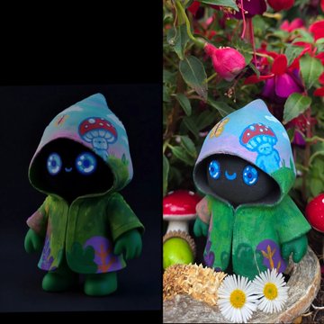 A custom "Cloakie" designer toy figure with a dark face, glowing blue eyes, and a colorful blue-and-green mushroom-patterned hooded cloak is displayed in two settings—a dark studio shot and a decorative scene with roses and daisies. The figure appears to be a unique one-of-one creation, fitting the post's promotion for an exclusive single-edition art toy contest.