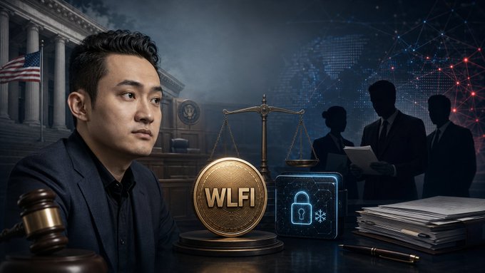 A man in a suit stands beside a golden coin labeled 'WLFI', with a US flag, scales of justice, a gavel, and a security icon in a courtroom-themed digital background.