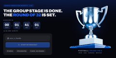 A dark promotional graphic with mirrored, partially blurred text referencing 'THE GROUP STAGE IS DONE' and 'THE ROUND OF 16 IS SET', appearing to be tournament-related content.