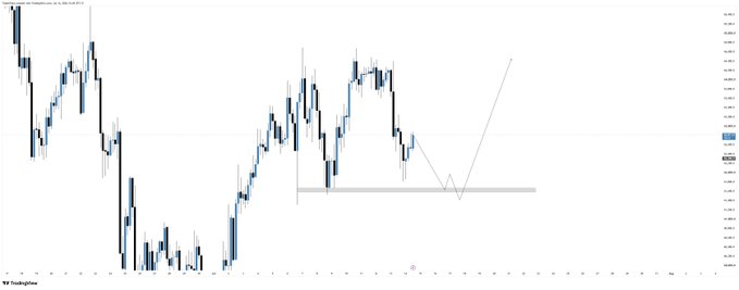 A TradingView candlestick chart of $BTC/USD (Bitcoin) showing a technical analysis setup with a horizontal support zone around the 105,000–108,000 price range, annotated with arrows indicating a bullish plan to potentially sweep lows before reversing upward toward higher targets.