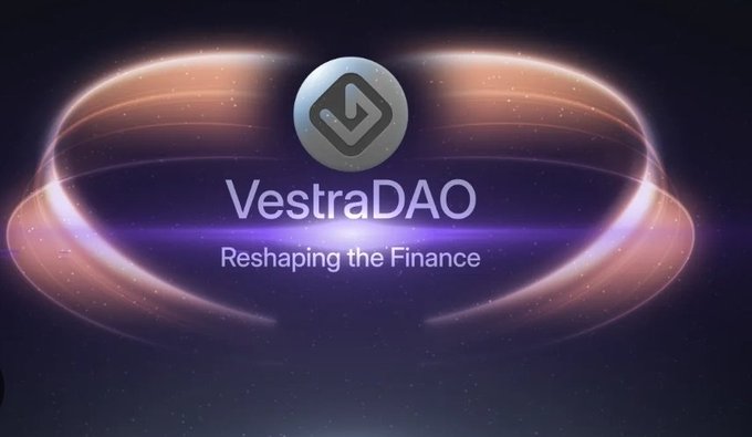 A digital graphic for 'VestraDAO' features a metallic logo above the tagline 'Reshaping the Finance', surrounded by glowing orange energy rings against a starry space background.
