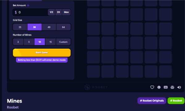 The image shows the Roobet "Mines" game interface featuring a 6x6 grid with 36 squares, configured with 10 mines and a $0 bet amount. The accompanying Chinese text humorously describes the tension of hovering over safe-looking squares before clicking, comparing the game to a lie detector test for one's intuition, while promoting Roobet's 7,000+ games and instant crypto withdrawals.