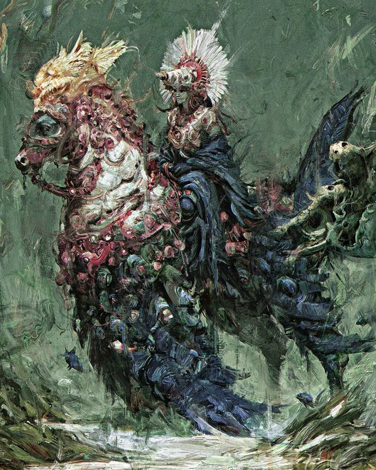 A dark fantasy painting depicting a grotesque, decaying rider mounted on a similarly deteriorating horse, featuring organic, coral-like growths and a spiky crown against a green background.