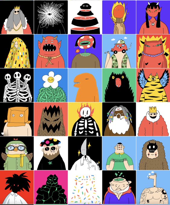 A vibrant grid of 30 illustrated cartoon characters—featuring kings, demons, monsters, and surreal figures—showcases the bold, whimsical art style often associated with NFT collections. The accompanying caption "Fabulous artist with fabulous mint" suggests this is a showcase of a freshly minted NFT artwork series.
