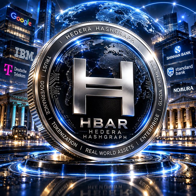A digital currency icon for Hedera Hashgraph ($HBAR) is displayed prominently against a futuristic cityscape featuring logos from corporate partners Google, IBM, Deutsche Telekom, Shinhan Bank, Standard Bank, and Nomura. Around the coin, text highlights its core concepts: "HEDERA HASHGRAPH," "TRUST," "GOVERNANCE," "TOKENIZATION," "REAL WORLD ASSETS," "GLOBAL PAYMENTS," and "ENTERPRISE."