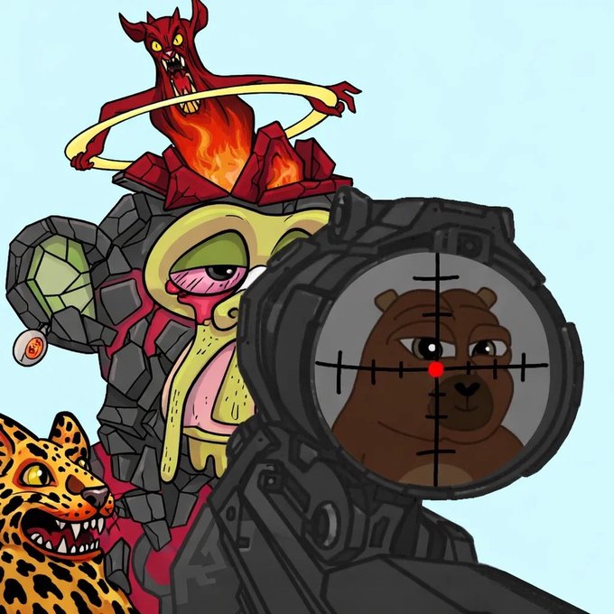 A cartoon-style illustration showing a red demonic creature, a snake-like character in armor, a spotted jaguar, and a sniper scope aimed at a bear's face.