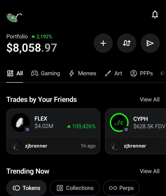 A mobile crypto portfolio app showing a balance of $8,058.97 with a 2,192% gain, displaying trades for FLEX ($4.02M) and CYPH by user zjbrenner.