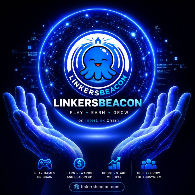A promotional graphic displays the 'LINKERSBEACON' logo featuring a blue octopus character, with the tagline 'PLAY • EARN • GROW on InterLink Chain' and icons for gaming, rewards, and staking.