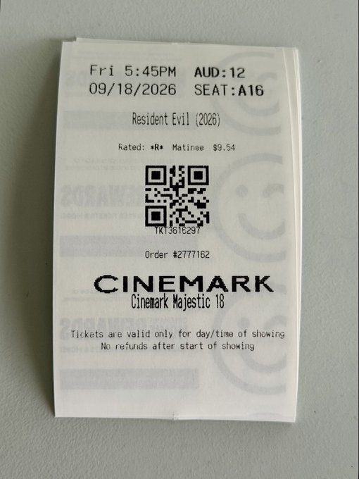 A Cinemark Cinemark Majestic 18 movie ticket for 'Resident Evil (2026)' on Friday 5:45 PM, 09/18/2026 in Auditorium 12, Seat A16, rated R, with a price of $9.54.