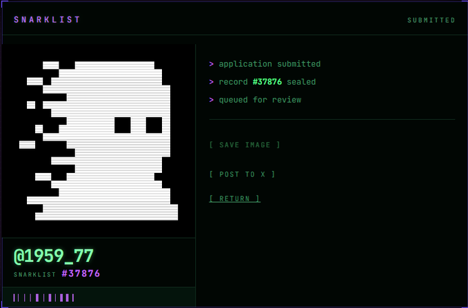 A pixel-art ghost profile screen titled 'SNARKLIST' with submission confirmation: 'application submitted', 'record #37876 sealed', 'queued for review' for user @1959_77.