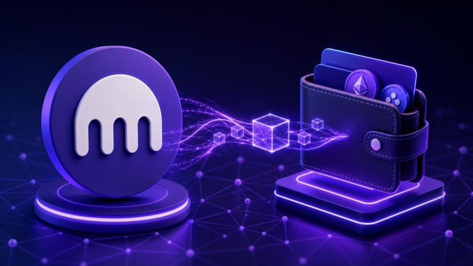 The image shows a stylized 3D graphic featuring a purple Kraken logo on the left connected by glowing digital streams to a purple wallet icon on the right, representing the acquisition of Magic Labs' wallet business.

Key text visible: "Kraken" (implied by logo).

The image visually represents Kraken's acquisition of Magic Labs' non-custodial wallet business, symbolizing the integration of wallet infrastructure into the Kraken ecosystem through the digital flow connecting the Kraken brand to the wallet symbol.