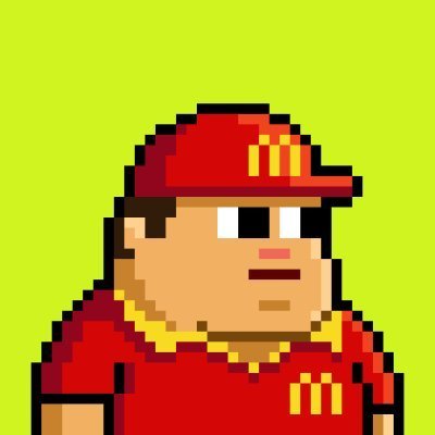 A pixel art illustration of a character wearing a red cap and red shirt with a yellow 'M' logo on both, set against a bright yellow-green background.