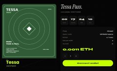 A digital interface for 'Tessa Pass' showing an NFT minted from 'TESSA' with a countdown timer and a 'Connect wallet' button for 0.001 ETH.