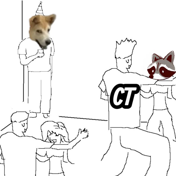 A crude line-drawn meme with superimposed dog and raccoon heads over human bodies features one character wearing a shirt with "CT" on the back in a party setting.