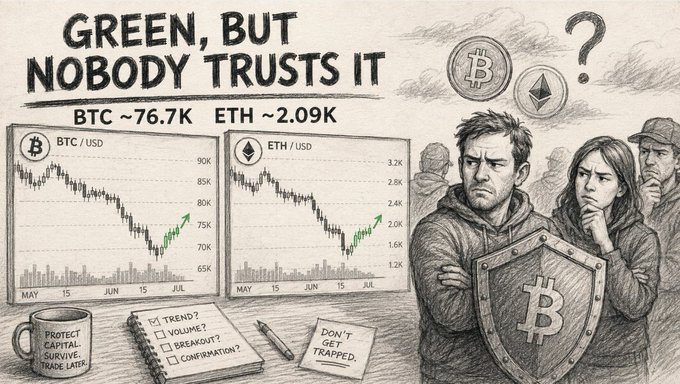 The image features a cartoon illustration of two people, one holding a shield with a BTC symbol on it and another person wearing a suit with an ETH symbol on it. The scene takes place at a market where there are charts showing the price of Bitcoin and Ether. The caption below the illustration reads "Green, but nobody trusts it: Btc - 76.7K eth - 2.09K".