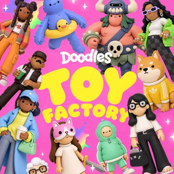 A vibrant pink promotional graphic for 'Doodles TOY FACTORY' featuring various colorful 3D character figures including a blue bear, a viking, and a dog.