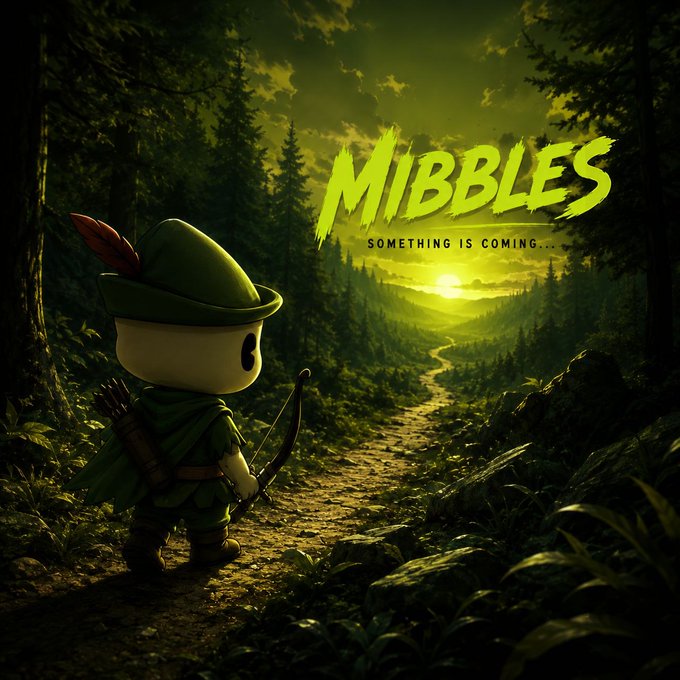 A small chibi archer with a green feathered hat stands on a forest path gazing toward a glowing horizon, with the text "MIBBLES — SOMETHING IS COMING..." displayed prominently, teasing the mysterious arrival teased in the post.