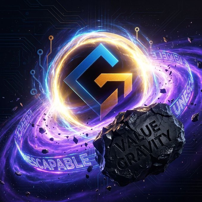 A digital graphic featuring a blue and gold 'F' logo surrounded by a glowing cosmic ring, with a dark rock inscribed with 'VALUE GRAVITY' in the foreground; the words 'UNESCAPABLE' and 'INEVITABLE' appear in the surrounding energy field.