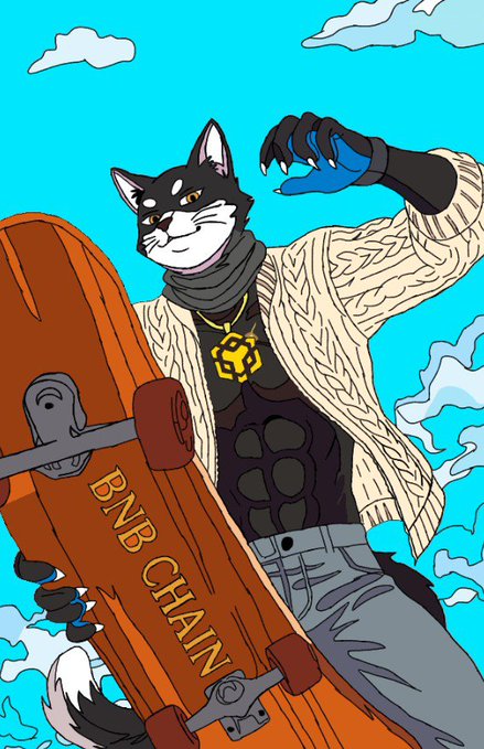 An anime-style illustration of a black and white cat character wearing a cream cardigan and a gold BNB chain pendant, holding a skateboard labeled 'BNB CHAIN'.