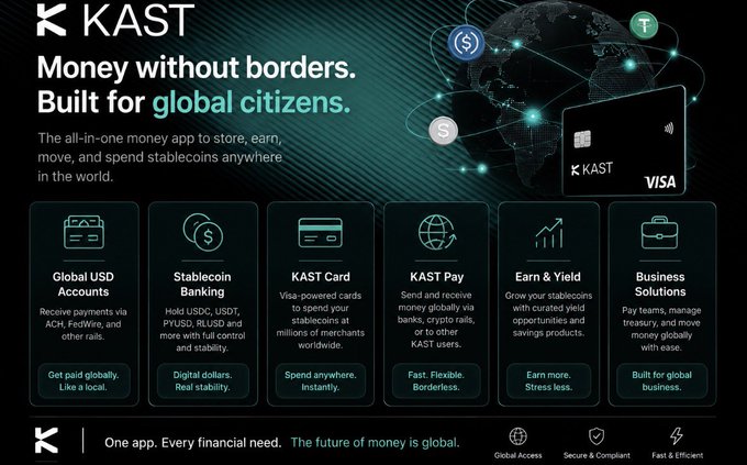 The image features an advertisement for a new financial platform called KAST @KASTxyz. The platform is designed to provide a global stablecoin that can be used as a payment method or currency exchange. It aims to replace traditional banking services by offering a more accessible and convenient way of managing finances across borders, without the need for banks themselves. The image includes various icons representing different financial services such as money transfer, bank account management, and digital payments.