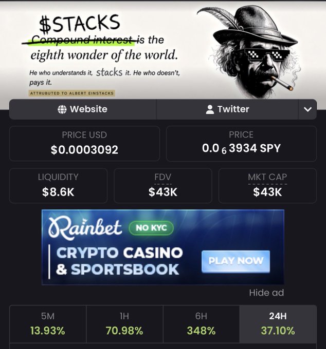 A screenshot of a cryptocurrency tracker page for the token $STACKS, displaying a quote attributed to Albert Einsteinstacks about compound interest being the eighth wonder of the world, along with pricing stats showing $0.0003092, liquidity of $8.6K, and 24H gain of 37.10%, plus a Rainbet crypto casino advertisement.