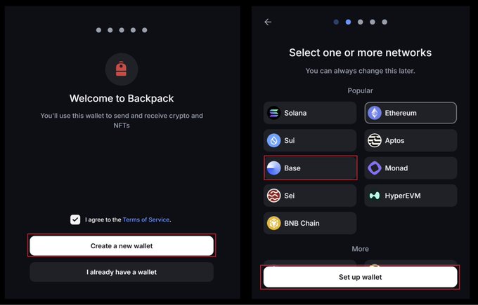 A two-screen tutorial for the 'Backpack' crypto wallet, showing a 'Welcome' screen on the left and a 'Select one or more networks' screen with options like Solana, Ethereum, and Base on the right.