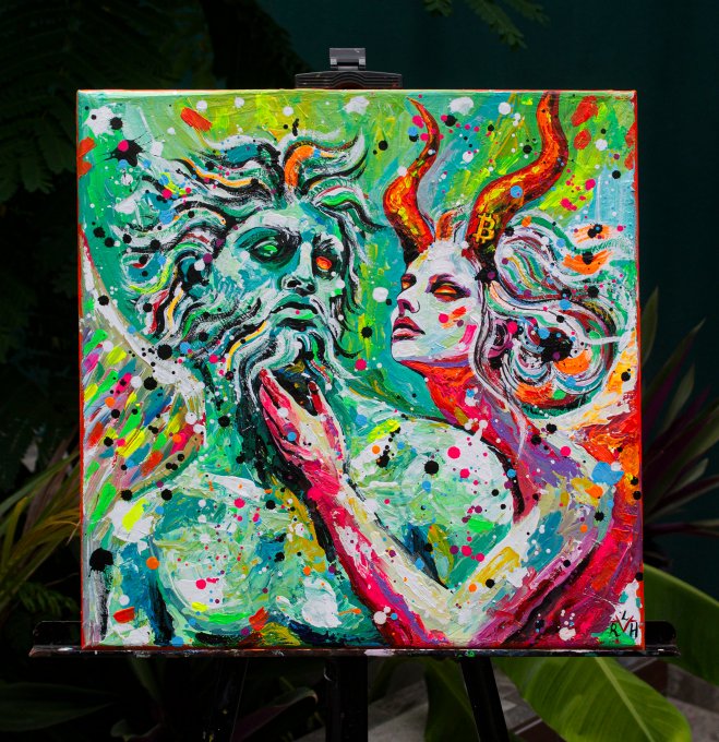 A colorful abstract expressionist painting on a canvas depicts a horned figure alongside a female figure, surrounded by vibrant paint splatters.