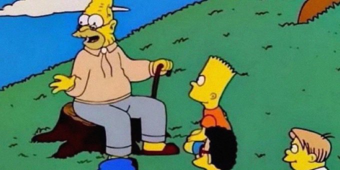 A still from The Simpsons showing Grampa Simpson sitting on a tree stump talking to Bart, with another character visible in the corner.