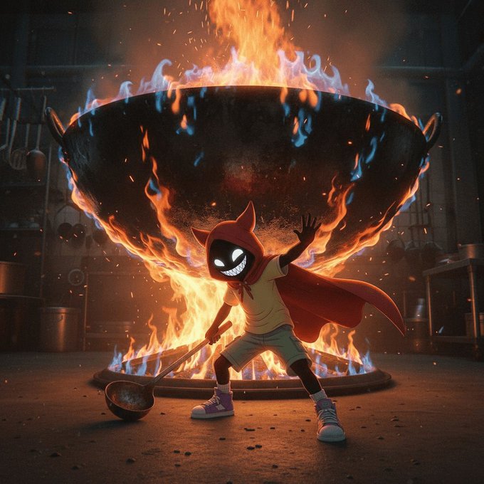 The image features a cartoon character with a hooded red cape, holding a spoon over a large pot of fire. The character appears to be cooking or stirring something inside the pot as flames dance around it. The caption "Day by day. $GBOY" suggests that this scene is part of an ongoing series or story about the character's adventures in the kitchen.