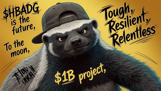 A promotional image featuring a honey badger wearing a backwards cap with text including "$HBADG is the future, To the moon," "Tough, Resilient, Relentless," and "$1B project."