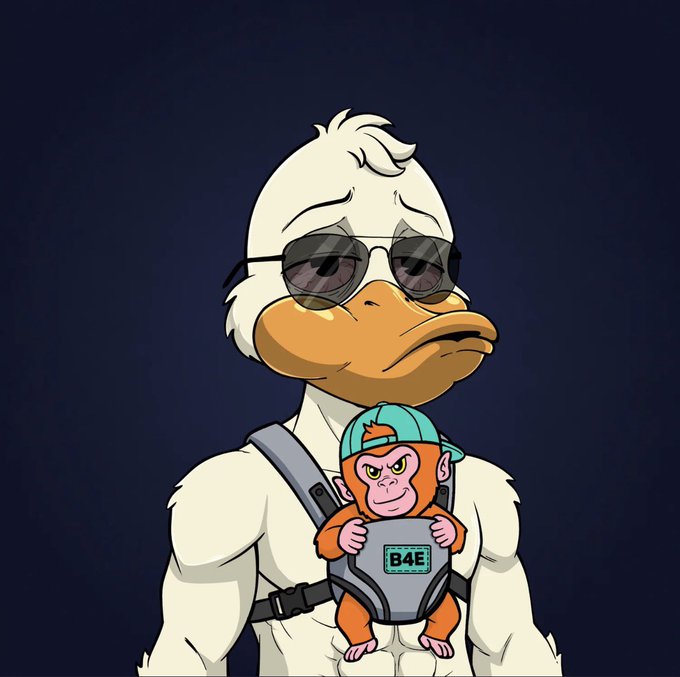 A cartoon-style digital illustration of a muscular white duck wearing sunglasses, with a small orange monkey wearing a teal cap and 'B4E' chest plate in a baby carrier on its chest.