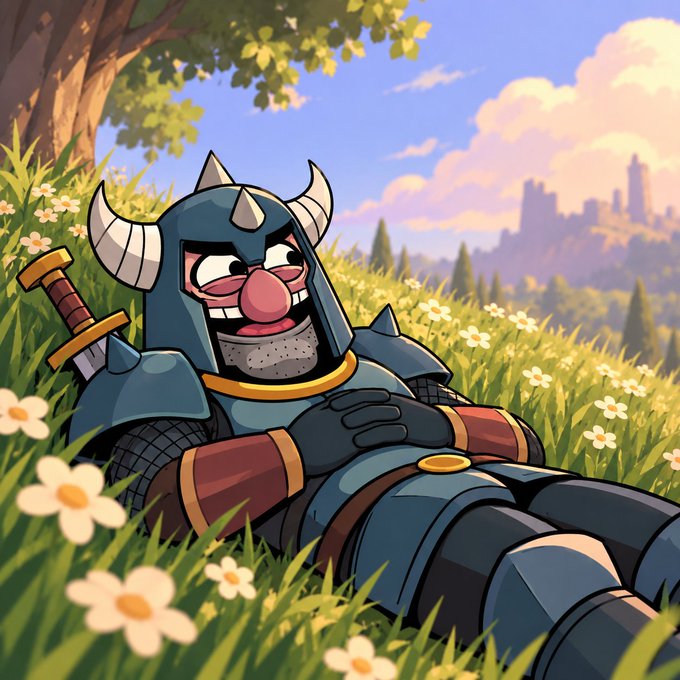 A cartoon knight in horned armor reclines peacefully in a flower-filled meadow with a sword at his side, evoking the RPG quest and chest-unlocking rewards teased in the "Genesis Chest Mint is LIVE" announcement from rpg.cash on OpenSea.
