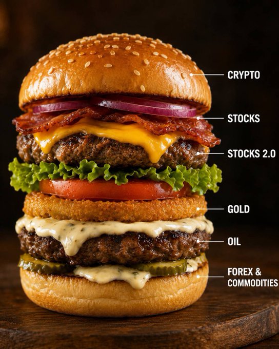 A tall stacked burger with labels pointing to each layer representing different investment categories: Crypto (top bun), Stocks, Stocks 2.0, Gold, Oil, and Forex & Commodities (bottom).