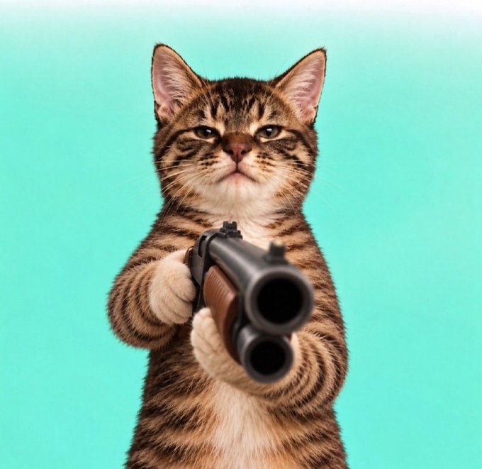 A tabby cat with a serious expression holds a double-barreled shotgun, pointing it directly at the camera against a teal background.