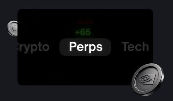 A dark-themed interface displays trading categories with 'Crypto' and 'Tech' on the sides and 'Perps' highlighted in the center, showing a green '+65' above it, accompanied by 3D coin graphics.