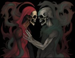 A dark, stylized digital illustration depicts two skeletal figures facing each other, one draped in red and the other in tattered gray cloth.